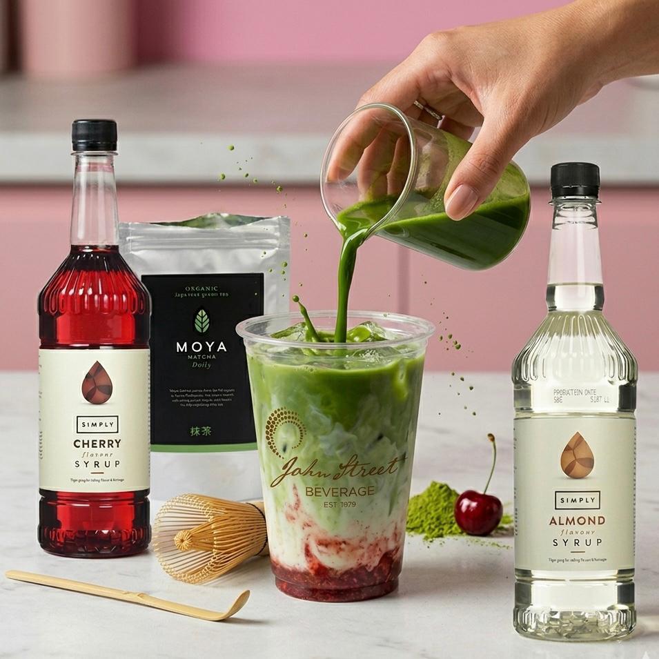 Cherry Bakewell Iced Matcha - John Street Beverage